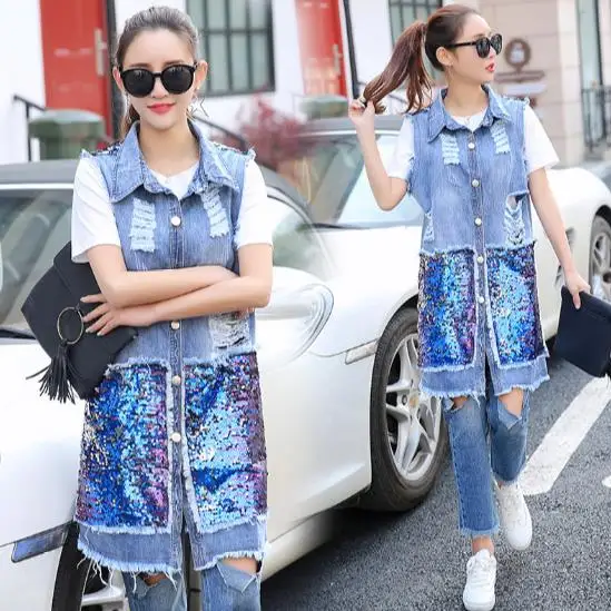 Новинка 2020 осенне-летний джинсовый жилет с блестками женский длинный дырками без