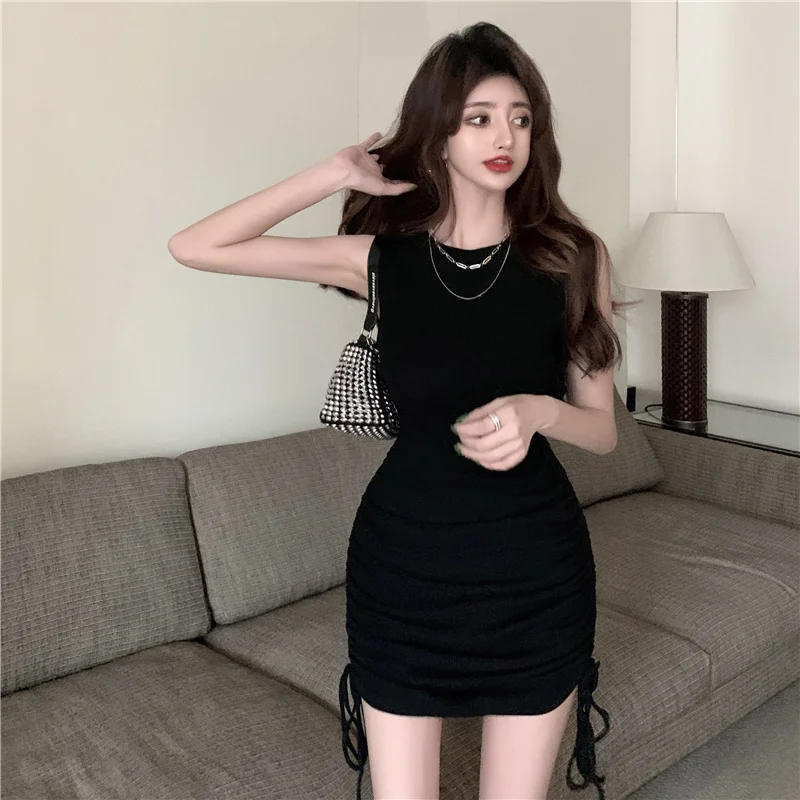 Pure Desire Style Hot Girl Tight Small Size Dress Summer Drawstring Sleeveless Vest Hip Skirt for Women 2021 New | Женская одежда