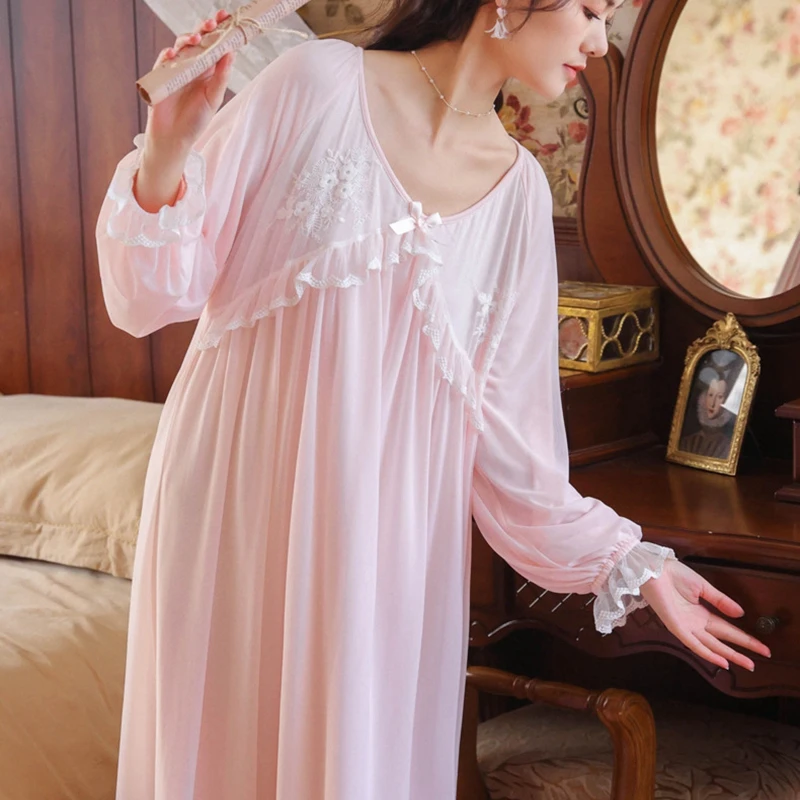 

Ladies Long Modal Vintage Nightgowns Sexy Embroidery Homewear Palace Lace Sleepwear Nighty Women Nightdres Pink Sleeping Dress