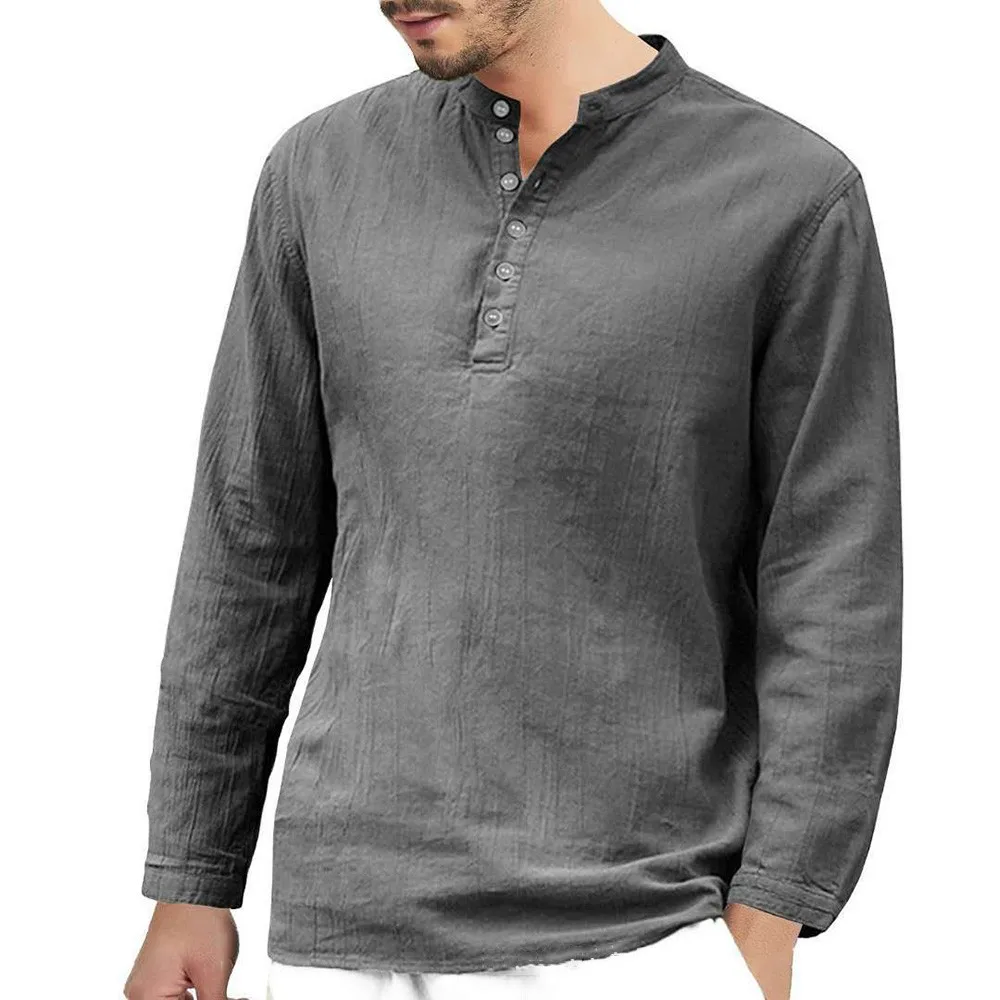 

Mens Long Sleeve Linen Shirt Loose Casual V-Neck Henley T-Shirts Blouse Tee Tops Solid Summer Loose Shirts Cotton Breathable Tee