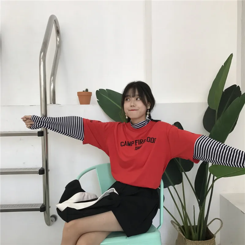 Women's T-shirts Tunic Kawaii Ladies Vintages Triped Long Sleeve T-shirt Female Ulzzang Harajuku Tee For Women Casual Top