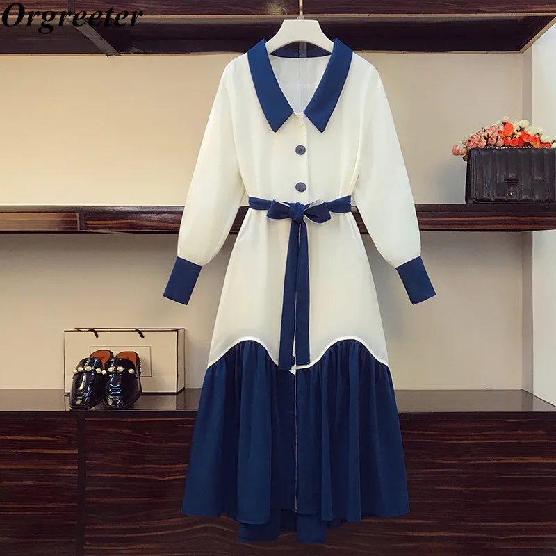 Женское длинное платье-годе L-4XL голубое однобортное платье контрастных цветов с