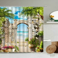 european and american architecture castle ocean shower curtain flowers green plant spring landscape bathroom waterproof screen