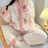 autumn winter women pajamas sets thick warm flannel nightwear 2piece set long sleeved trousers casual homewear pyjamas su