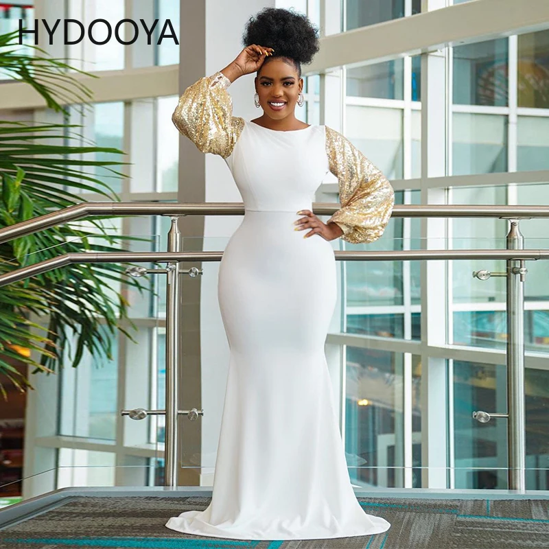 

Elegant Long Sleeve Sequins Mermaid Evening Dresses for Women Sexy Backless Long Dress 2021 New Design White Party Gown Vestidos