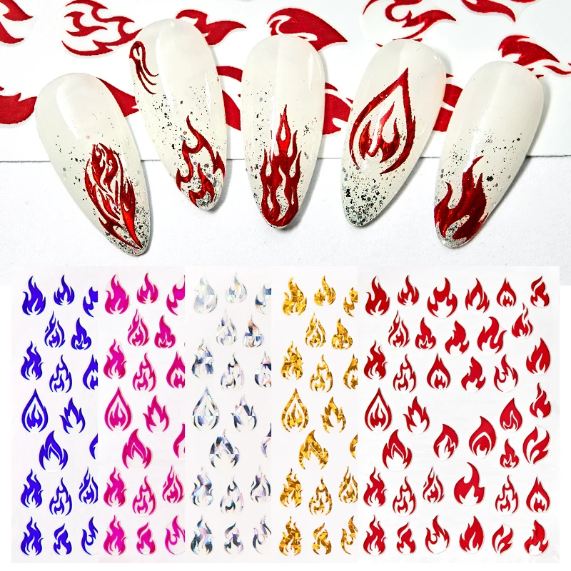 3D Nail Art Decorations Flame Sticker Design Sliders Nailart Self-Adhesive Fire Foil matrica for Manicure Deco Tips | Красота и