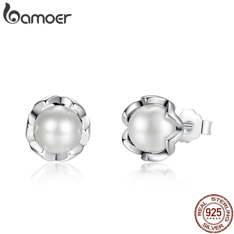 925 пробы серебряные серьги-гвоздики BAMOER с культивированным элегантным белым