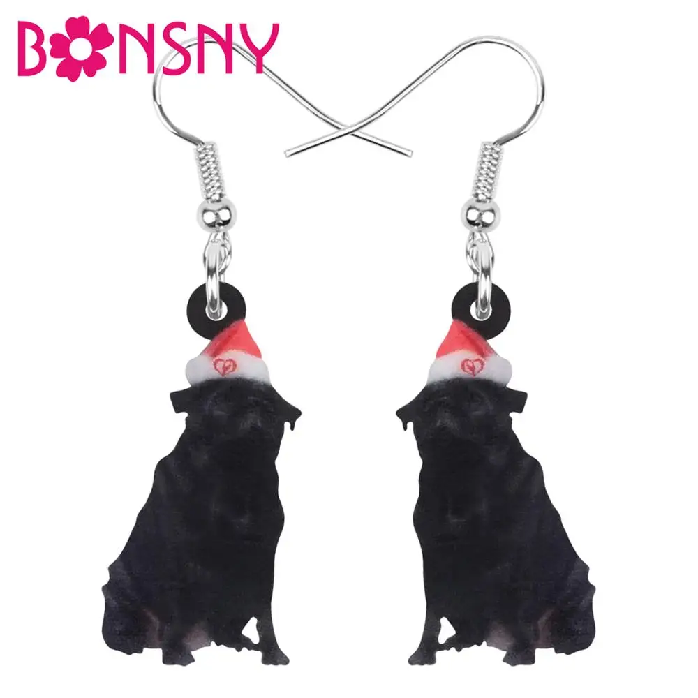 

Bonsny Acrylic Christmas Hat Black Pug Dog Earrings Drop Dangle Animal Jewelry Decoration Accessory For Women Girl Teen Kid Gift