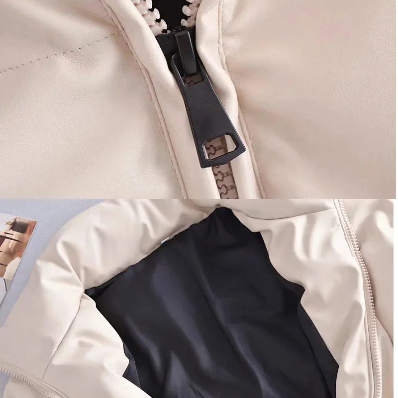 2021 Women's Winter Jacket Thick Leather Long Sleeve Parkas Puffer Woman Top Faux Women's Jacket Casual Beige Pu Padded Coats