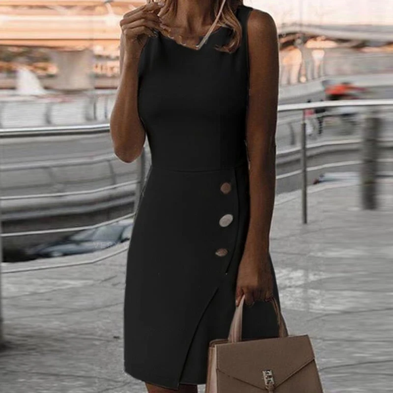 

Elegant Solid Sleeveless Party Dress Women 2021 Summer Casual O-Neck Button Design Midi Dresses Lady Fashion Loose Dress Vestido