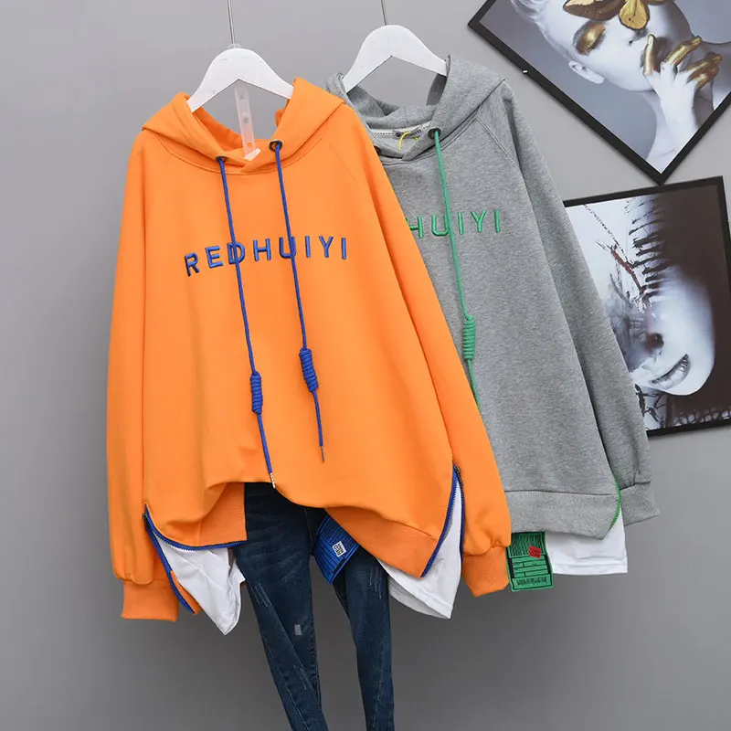

Sweatshirt 2021 Spring and Autumn Women's Loose Korean Style Trendy Student Idle Style Plus Slimming Hooded Coat Fake Two Pieces