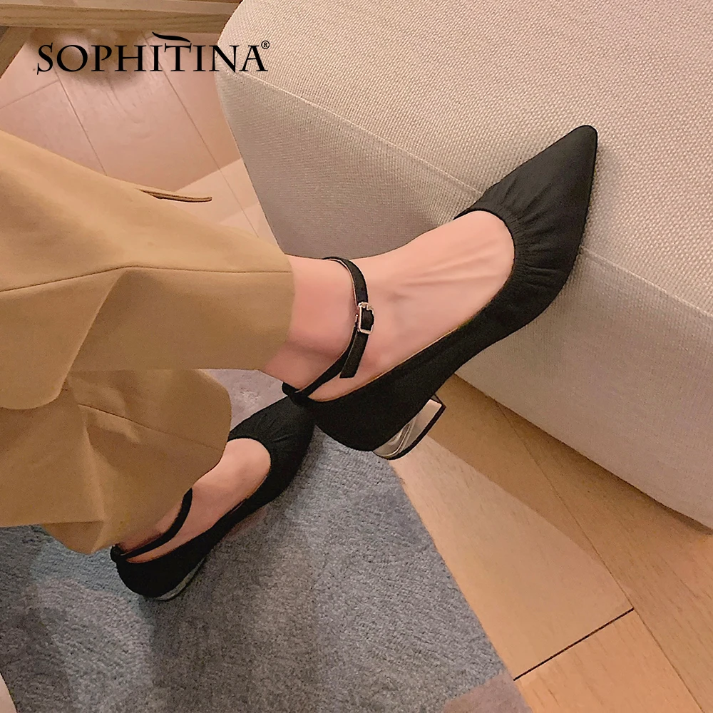 

Женские туфли-лодочки SOPHITINA на низком необычном каблуке, зрелые туфли с острым носком и застежкой на щиколотке, плиссированные удобные офис...
