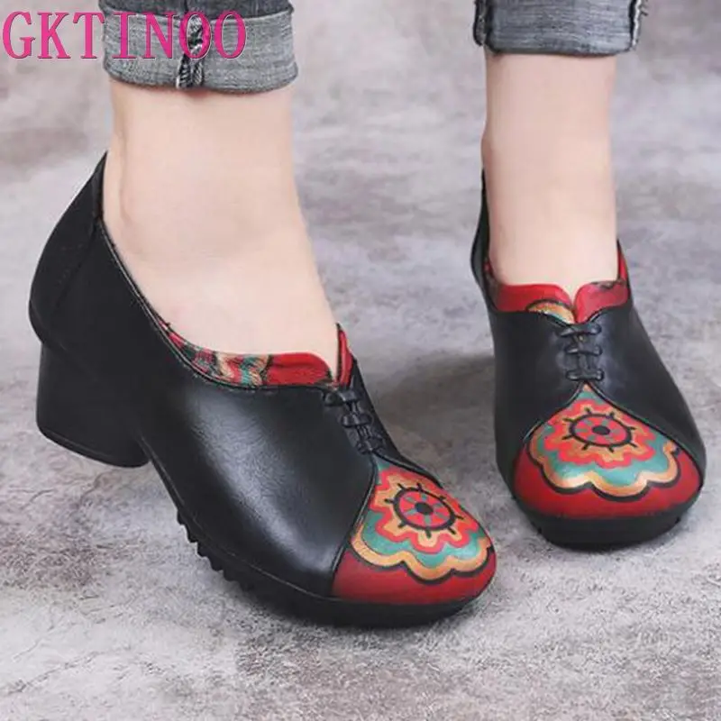 

GKTINOO Spring Autumn Genuine Leather Round Heel Ladies High Heels Shoes 2020 Mid Heel 4cm Slip-On Elegant Shoes Ladies