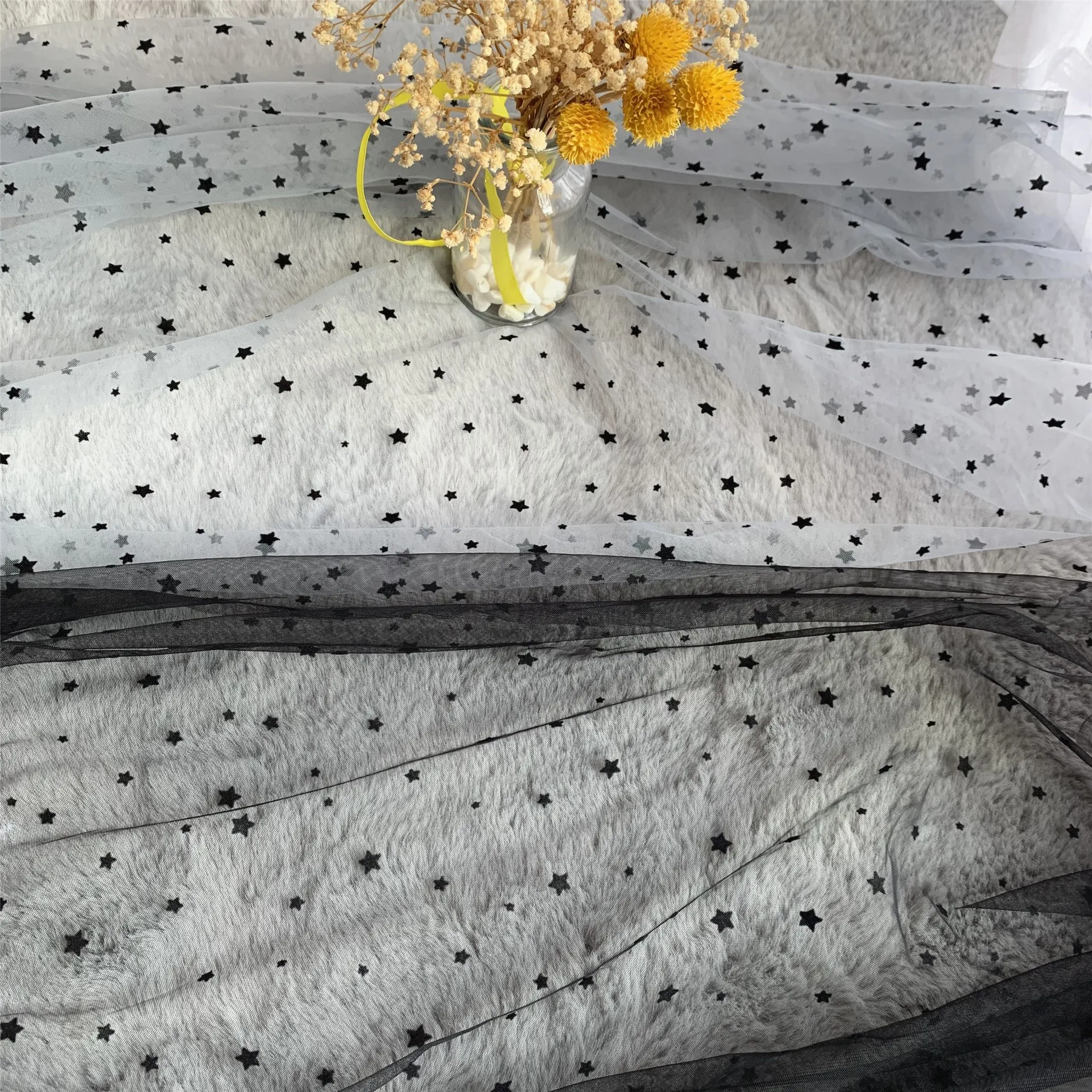 150 см в ширину 5 ярдов белый черный стекались звезды Сетка Тюль Ткань Высокое