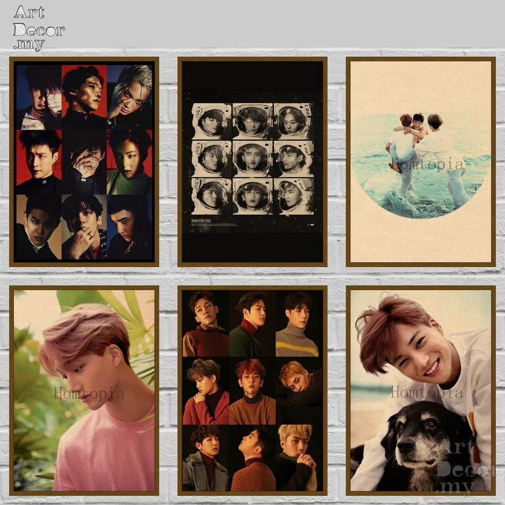 Постер из крафт-бумаги в стиле ретро с изображением участников Kpop группы EXO