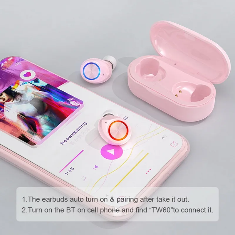 

TW60 True Wireless Earphone Touch Bluetooth 5.0 Stereo Headset touch control mini Earbuds Built-in HD Mic Type C pro audio