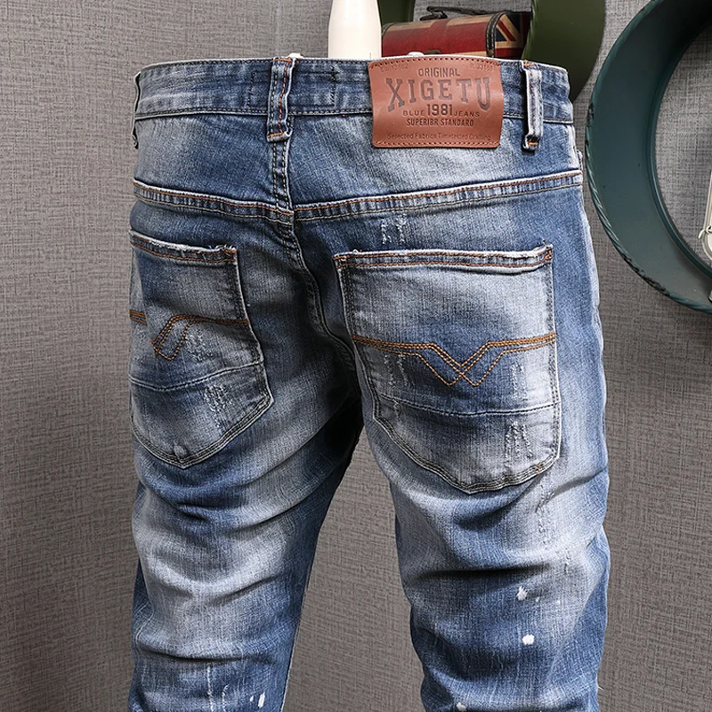 European American Street Fashion Men Jeans Vintage Retro Blue Slim Ripped Jeans Men Printed Designer Hip Hop Denim Punk Pants