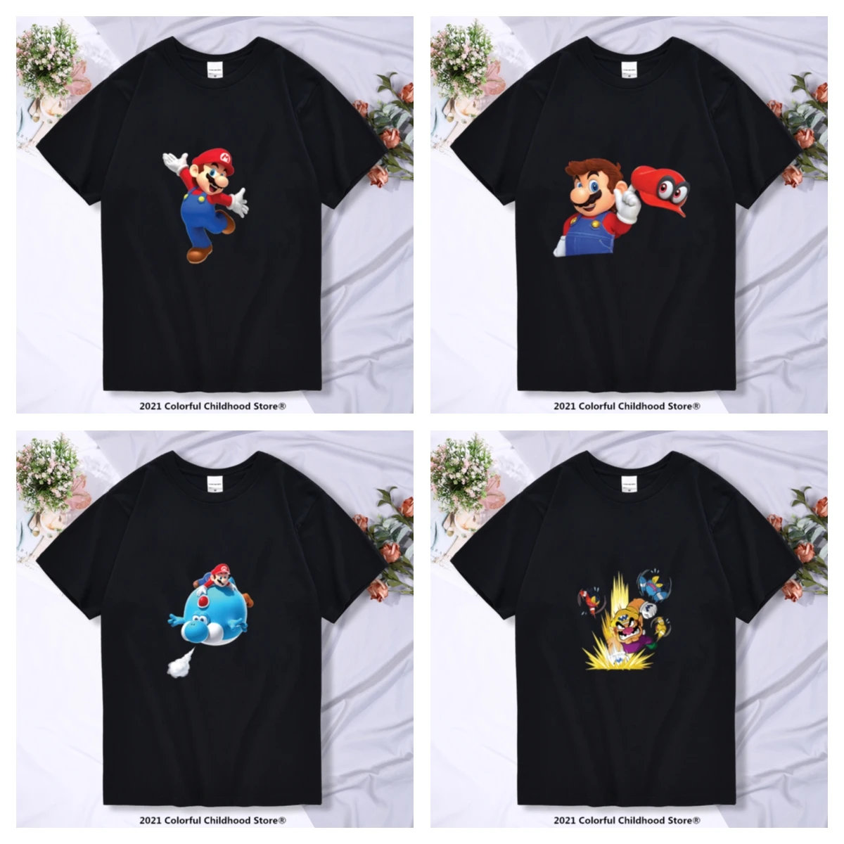 

T-shirt Japanese Kawaii Anime Cotton Sweat-absorbent Mario Super Mario Mario Bros. Black Cool Short Sleeve Free Shipping 4-14T