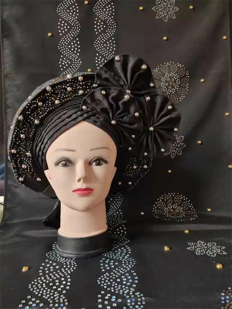 2021 последний дизайн нигерийские модные бусины с камнями Aso Oke Gele головной убор