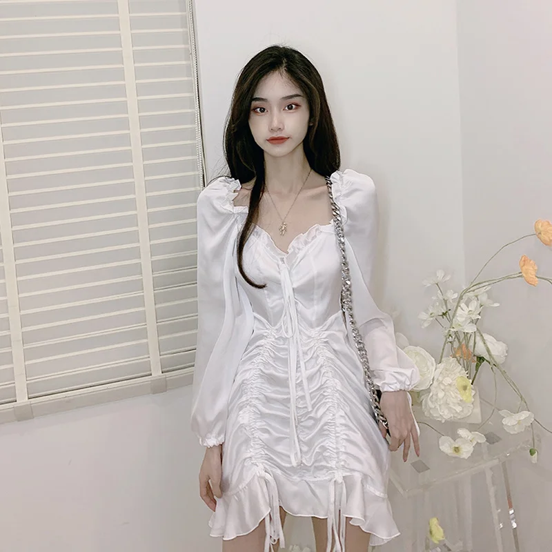 

Harajpoo Women Dresses Sexy Korean Summer Fall Design Sense Self Cultivation Lace Fishtail Temperament White Sweet Y2k Dress
