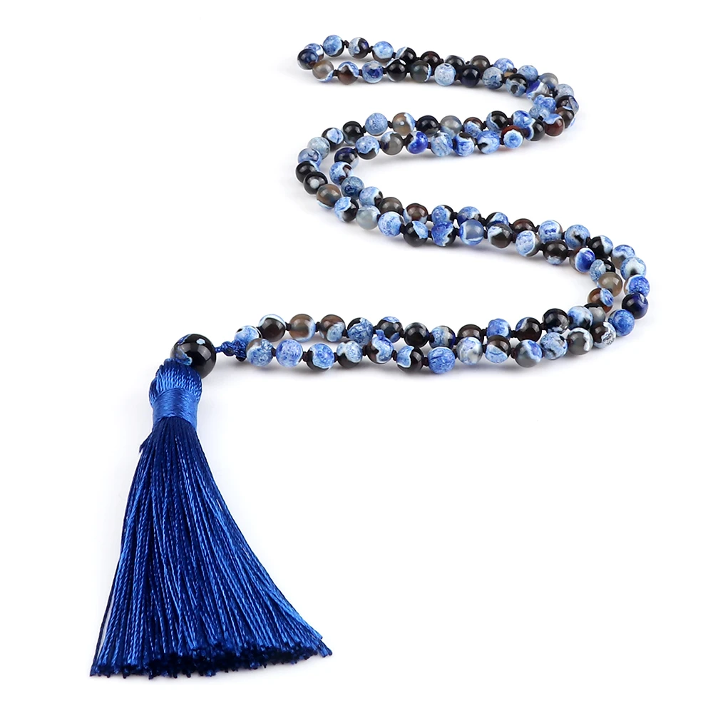 

Women 6mm Natural Blue Onyx Stone Beads Necklace 108 Mala Fire Agates Beaded Tassel Bohemian Necklace Tassel Lariat Yoga Jewelry