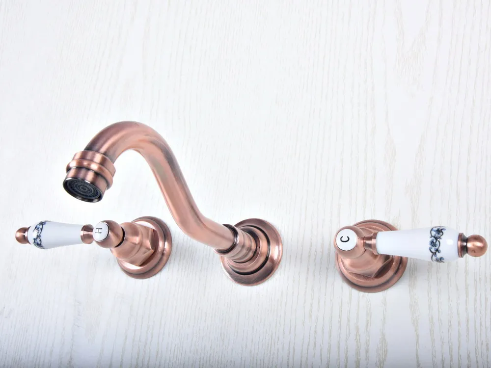 

Antique Red Copper Finish Wall Mounted Bathroom Basin Faucet Double Handles Widespread 3 Holes Mixer Tap Lsf503