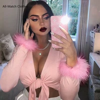 sexy pink cotton cross bow tie v neck crop top autumn winter women long sleeve fur splice t shirt female party club tops