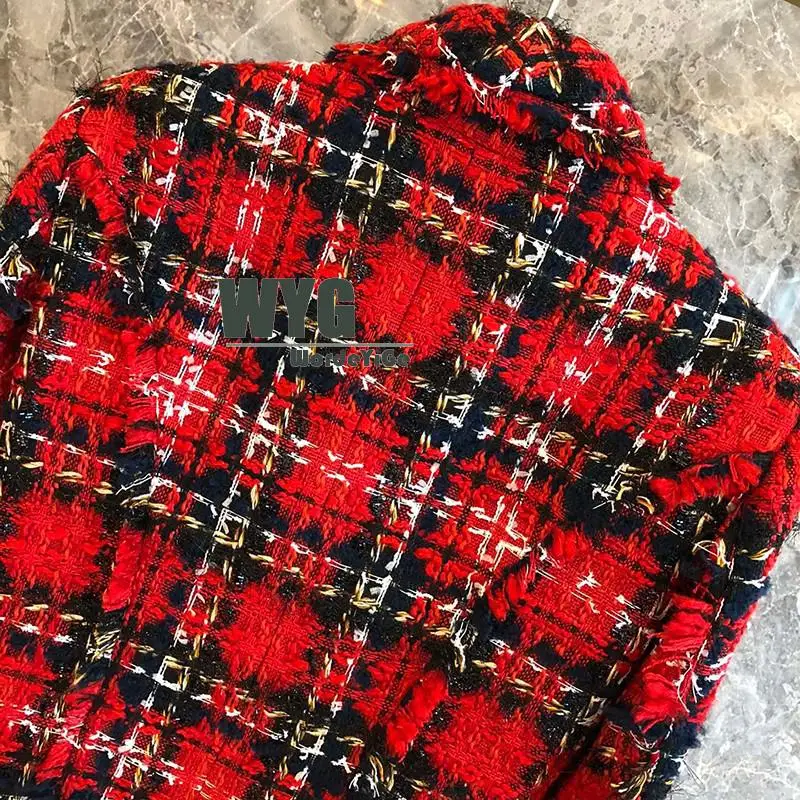 

Paris Fashion Womens Red Plaid Jackets 2020 Autumn New Arrival Gold Buttons Long Sleeve Elegant Designer Tops