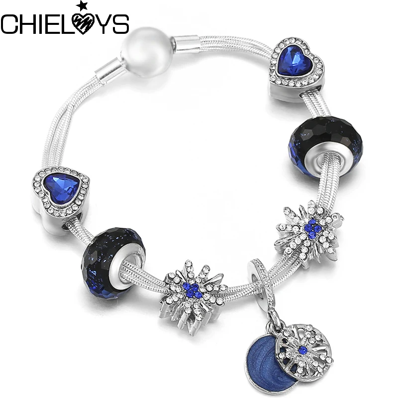

Новый дизайн, посеребренный браслет с подвесками и синим кристаллом, браслеты с сердечками и бусинами, браслеты для женщин и мужчин, романтичное украшение, подарок