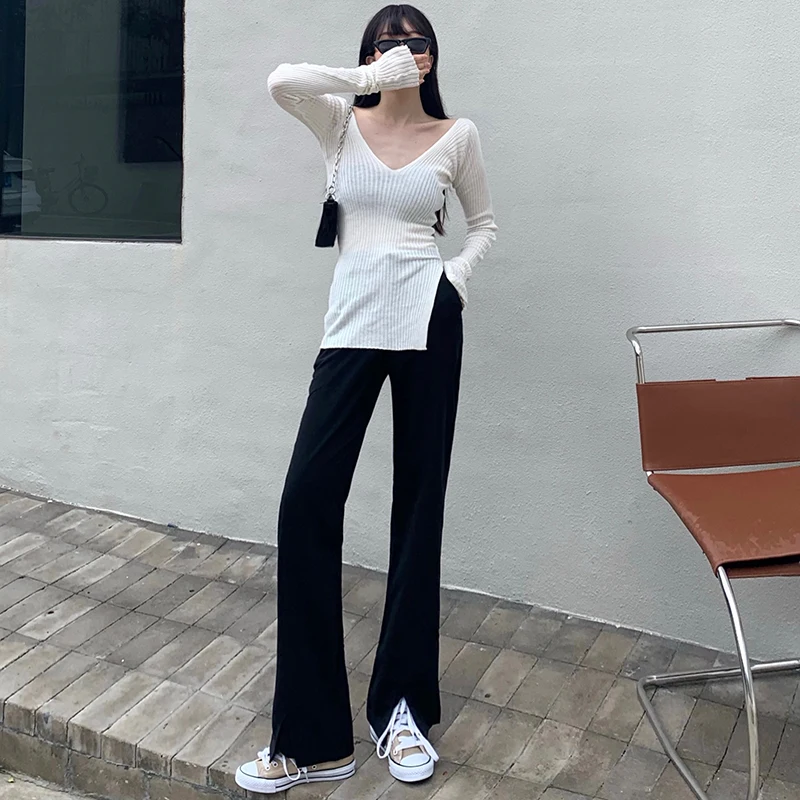 

High Waist Floor Lenght Split Hem Pants For Women Full Length Straight Slim Black Trousers 2021 Spring Summer Streetwear Pants