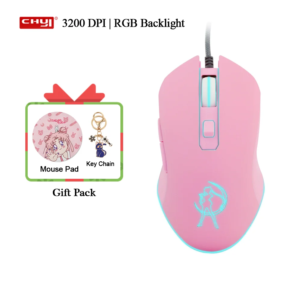 

3200 DPI Sailor Moon Mouse RGB Backlight Gaming Mause Pink Matte Ergonomical Mice for PC Laptop Gamer Girl Gift