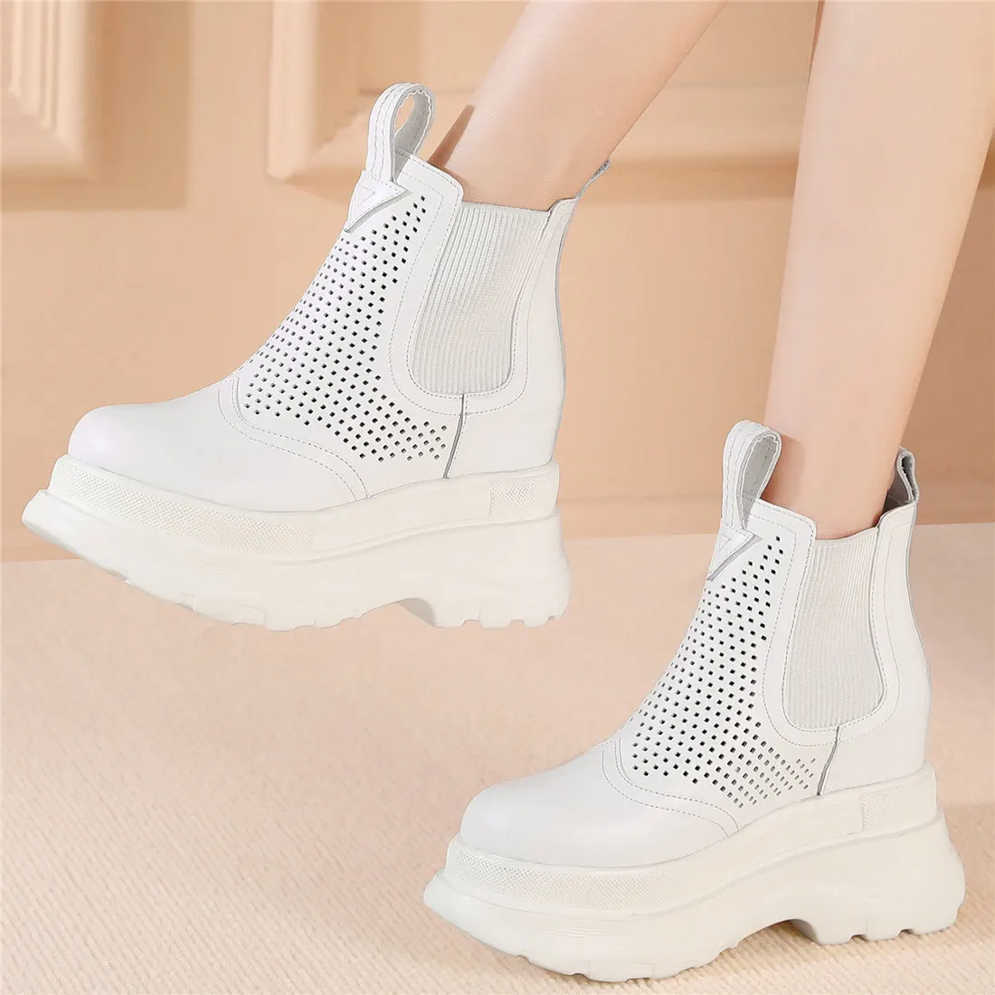 Breathable Fashion Sneakers Women Slip On Genuine Leather High Heel Ankle Boots Female Chunky Platform Pumps Shoes Casual Shoes