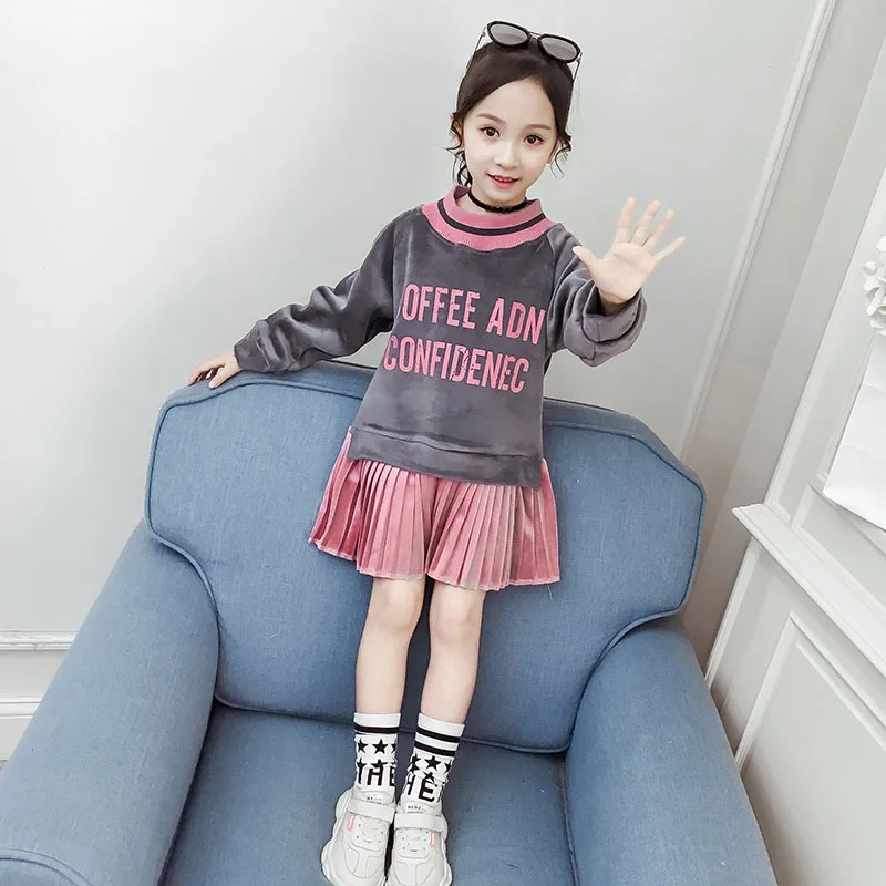 Детская зимняя одежда; Roupa Infantil Menina; свитер для девочек; платье с флисовой подкладкой; теплое платье-рубашка с эластичным воротником в рубчик; плиссированная нижняя часть