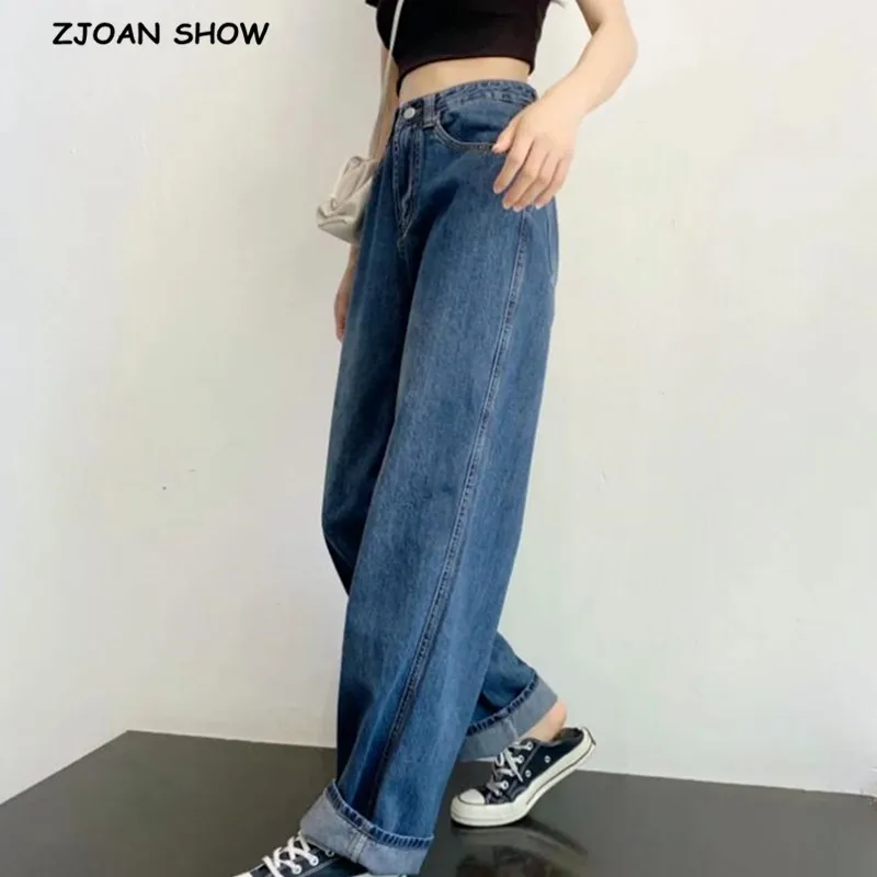 2020 Весна Высокая Талия синие прямые джинсы с широкими штанинами в стиле ретро