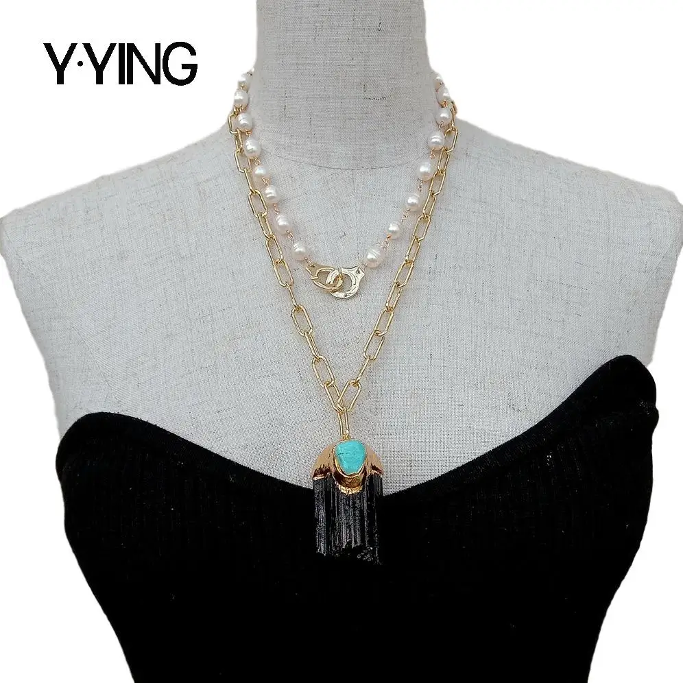 

Y·YING Freshwater White Rice Pearl Chain statement Necklace Black Tourmaline Rough Pendant 18"