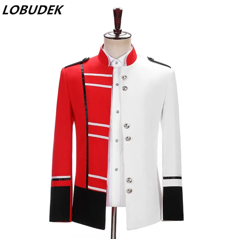 Men's Red White Stand Collar Blazers Court Dress Singer Military Uniform Stage Costume Bar Male Host Performance Slim Coat