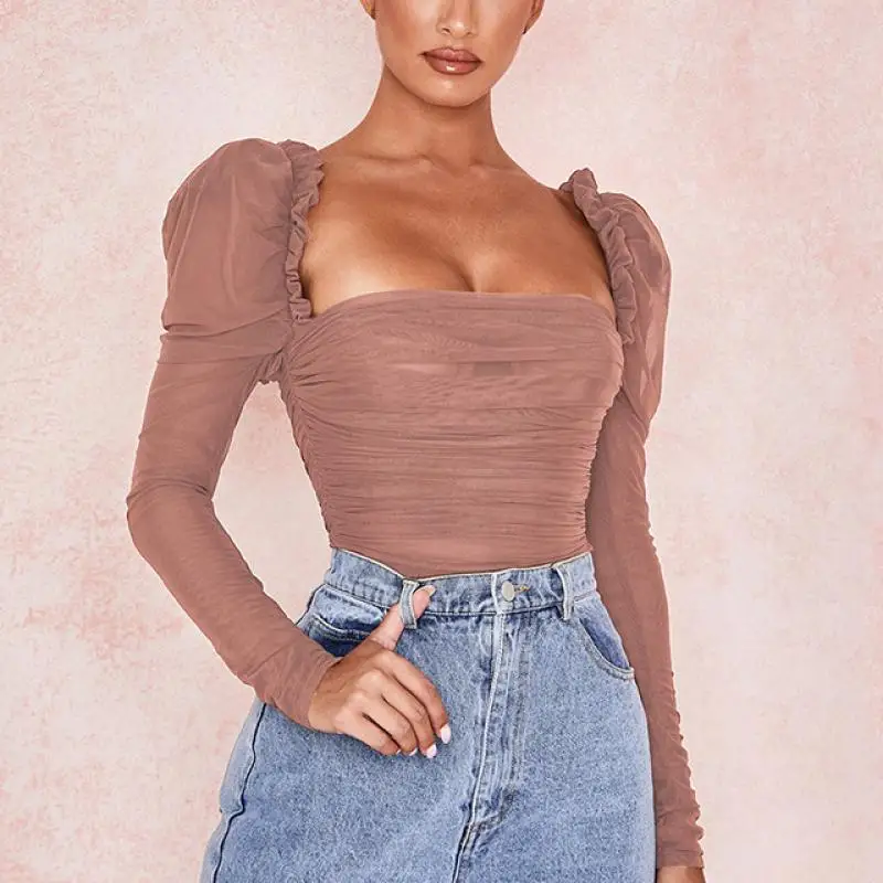 

2020 women autum Bodysuit Black Double Layer Mesh Sexy Women Tops Long Sleeve Mid Waist Bodysuits Ladies Bodycon Jumpsuits