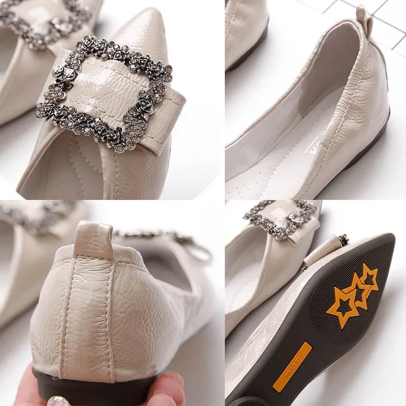 

Apricot Metal Decoration Rhinestone Patent Leather Slip-On Soft Bottom Shoes Classic Light Single Shoes Pointed Casual Shoes