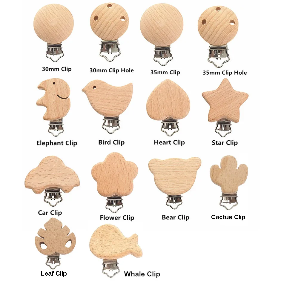 Chenkai 50PCS Wooden Bear Flower Car Heart Bird Elephant Round Star Clips BPA Free For DIY Baby Nature Pacifier    Chain Gifts