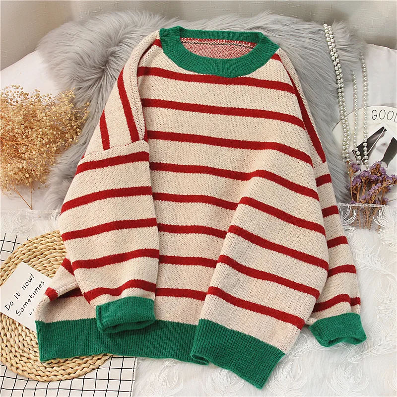 

EBAIHUI Women Sweater Striped Casual Loose Pullover O-neck All-match Knitted Top Jumper Fall Long Sleeve Chic Knit Sweaters
