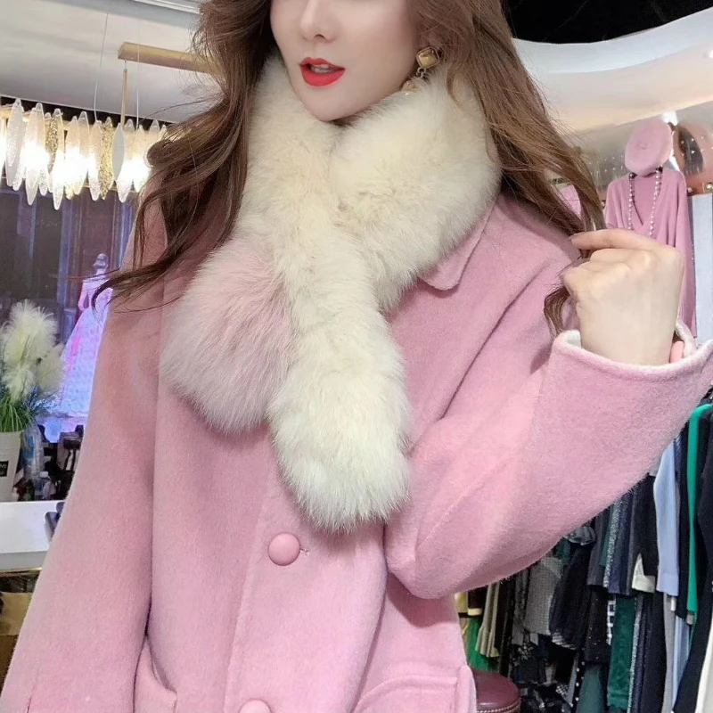 OFTBUY 2021 Real Fur Coat Winter Jacket Women Natural Fox Collar Cashmere Wool Blends x-Long Outerwear Streetwear Korea | Женская одежда