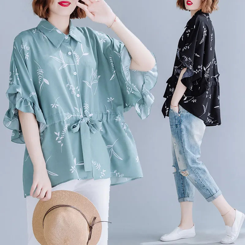 Summe Large Size Blouses New Korean Shirts 2020 Women's Batwing-sleeved Printed Chiffon Tops Female Floral Loose Lapel Shirt