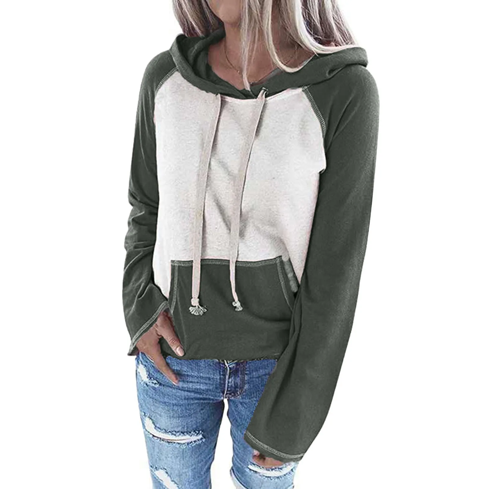 

Fashion Women Hoodies Long Sleeve Color Block Hoodies Soft Drawstring Pullover Pocket Tops Sudaderas Moletom Feminino Hoodies