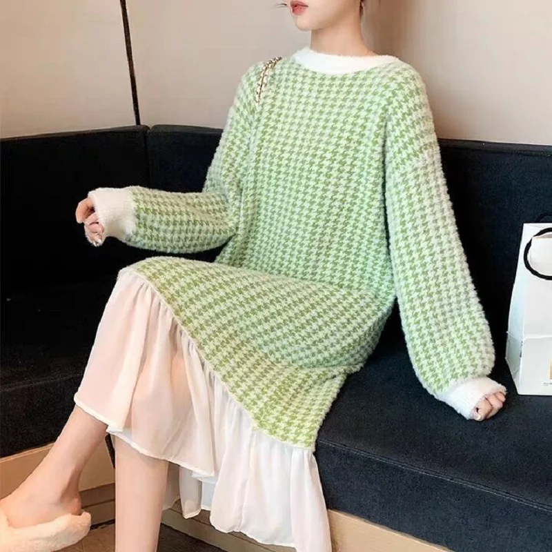 

Fashion Western Knitted Women's Sweaters Stitching Dress Long Over The Knee 2020 New Winter Diamond Plaid Sweater Dress