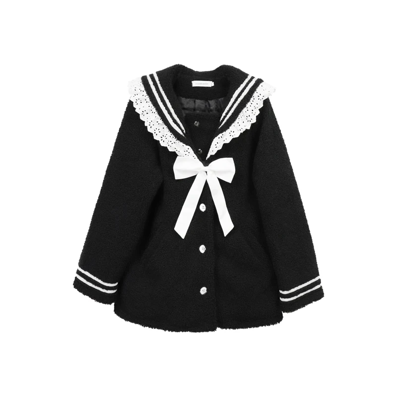 

Ruibbit Harajuku Lamb Wool Cute Coat Autumn Winter Women Gothic Black Loose Hooded Japanese Navy Collar Cute Lamb Hair JK