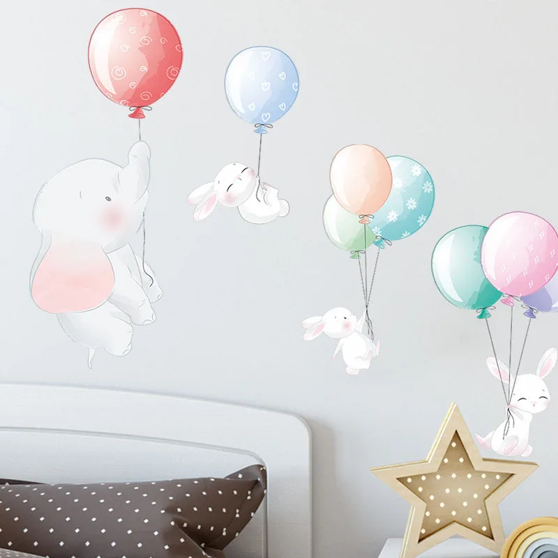 

Cartoon Multicolor Balloon Elephant Wall Stickers for Kids rooms Kindergarten Wall Decor Rabbit Wall Decals Home Decor