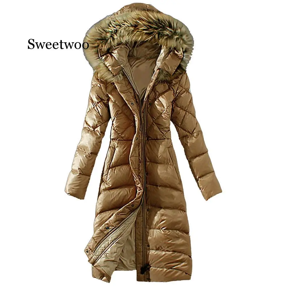 

Зимнее женское однотонное теплое тонкое хлопковое пальто SWEETWOO, длинное пальто с воротником из искусственного меха