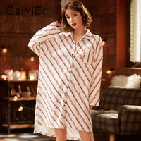 caiyier 2020 stripe women leisure nightgown turn down collar bathrobe witer long sleeve ladies shirt skirt girl nightdress