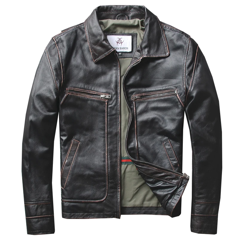 

Autumn Mens Thick Cowhide Genuine Leather Jackets Short Slim Casual Black Vintage Overcoat Mens Turn Down Collar Frayed Business