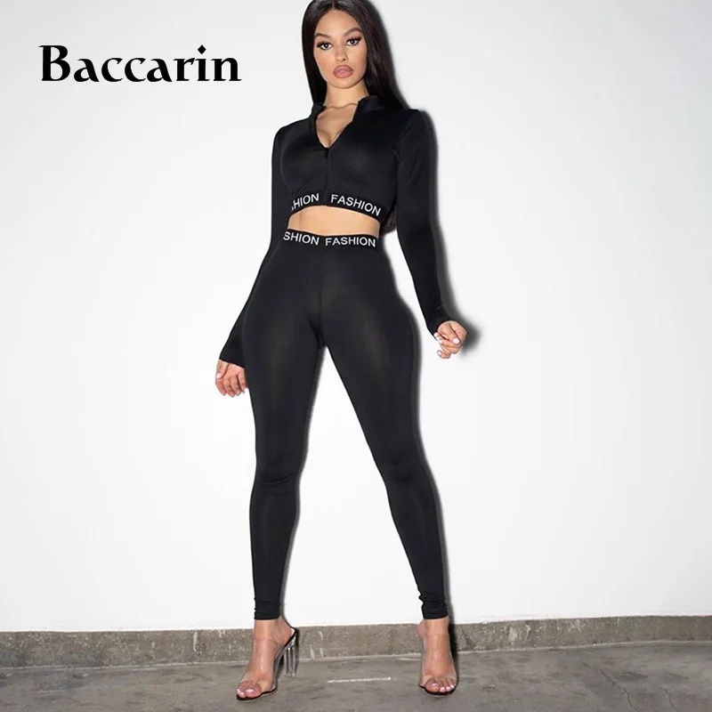 

Letter Print Women 2 Piece Set Gym Crop Top Zipper Long Sleeve Leggings Bodycon Sexy Streetwear Workout Sporty Tracksuit